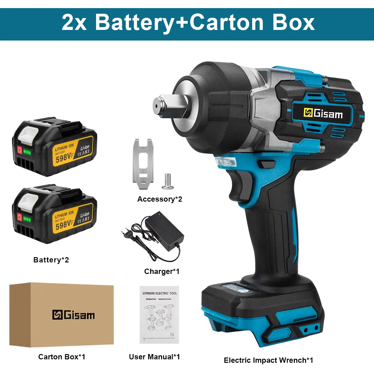 Gisam 2800N.M Brushless Electric Wrench 1/2 Inch Impact Wrench Electirc Screwdriver Drill Compatible with Makita 18V Battery Pin