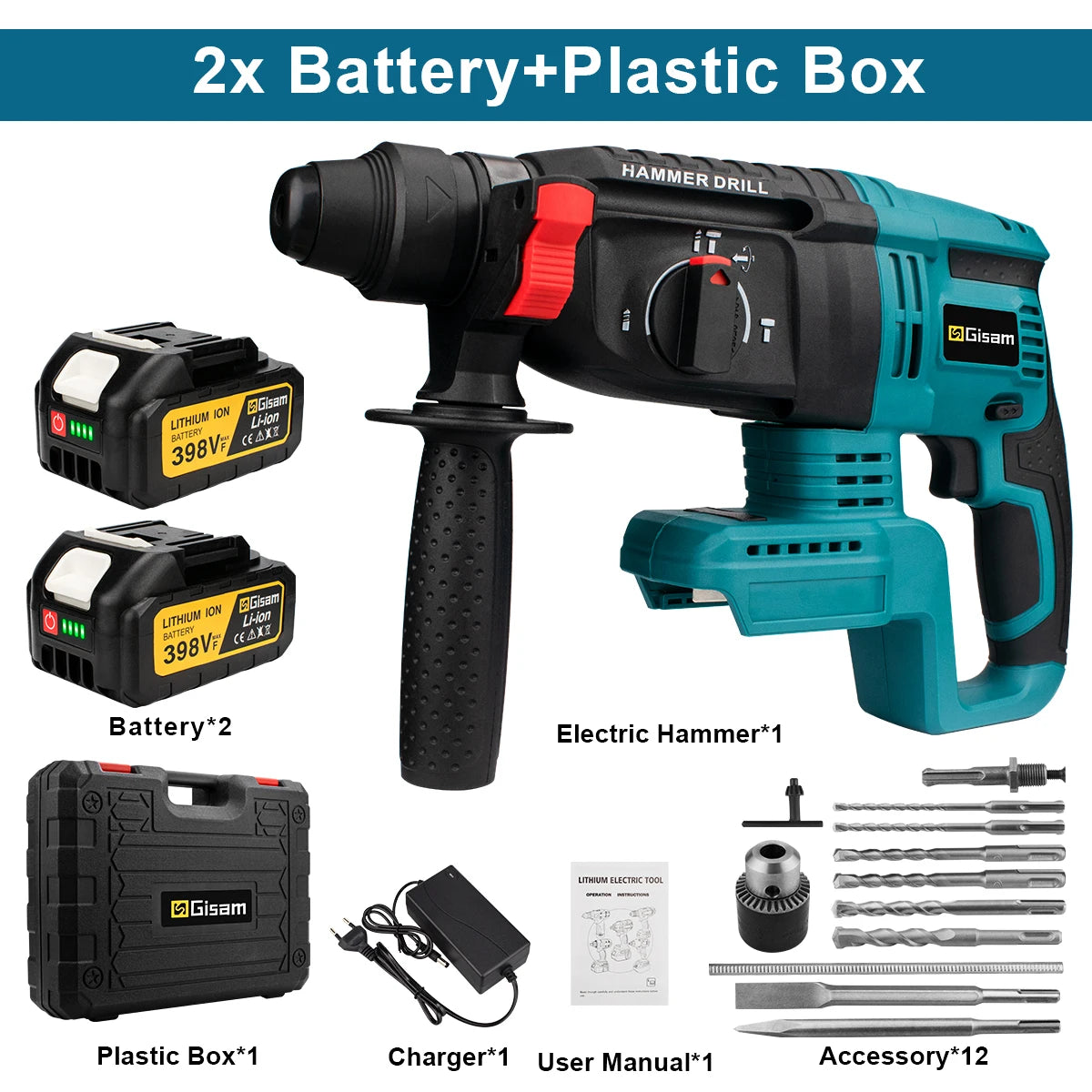 Marteau perforateur électrique sans balais Gisam 1680W, 26MM, marteau perforateur rotatif sans fil pour le travail du bois, outil électrique pour batterie Makita 18V