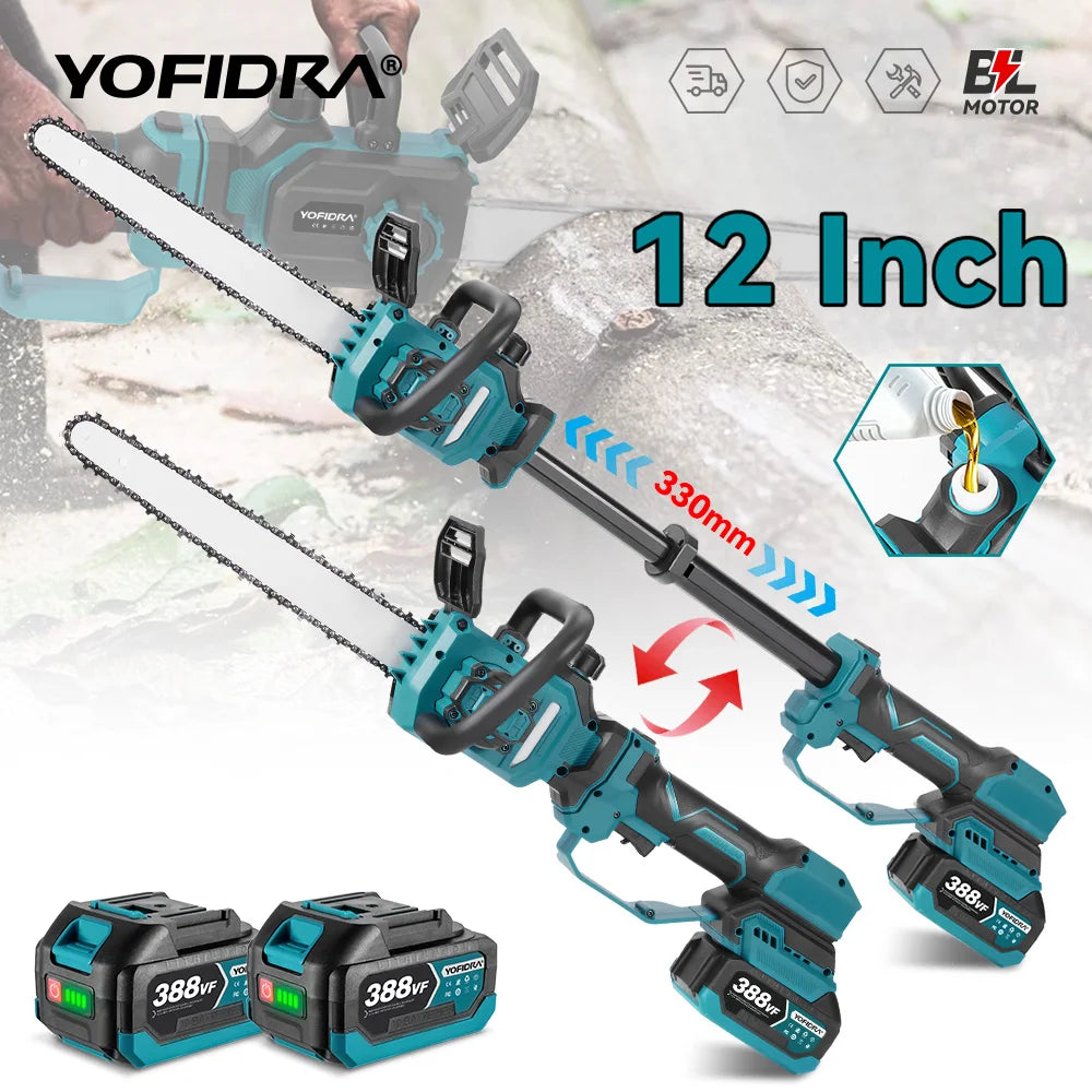 YOFIDRA 7000W 12Inch Brushless Chainsaw Stretchable Handheld Pruning Chain Saws Garden Wood Cutting Tools For Makita Battery Pin