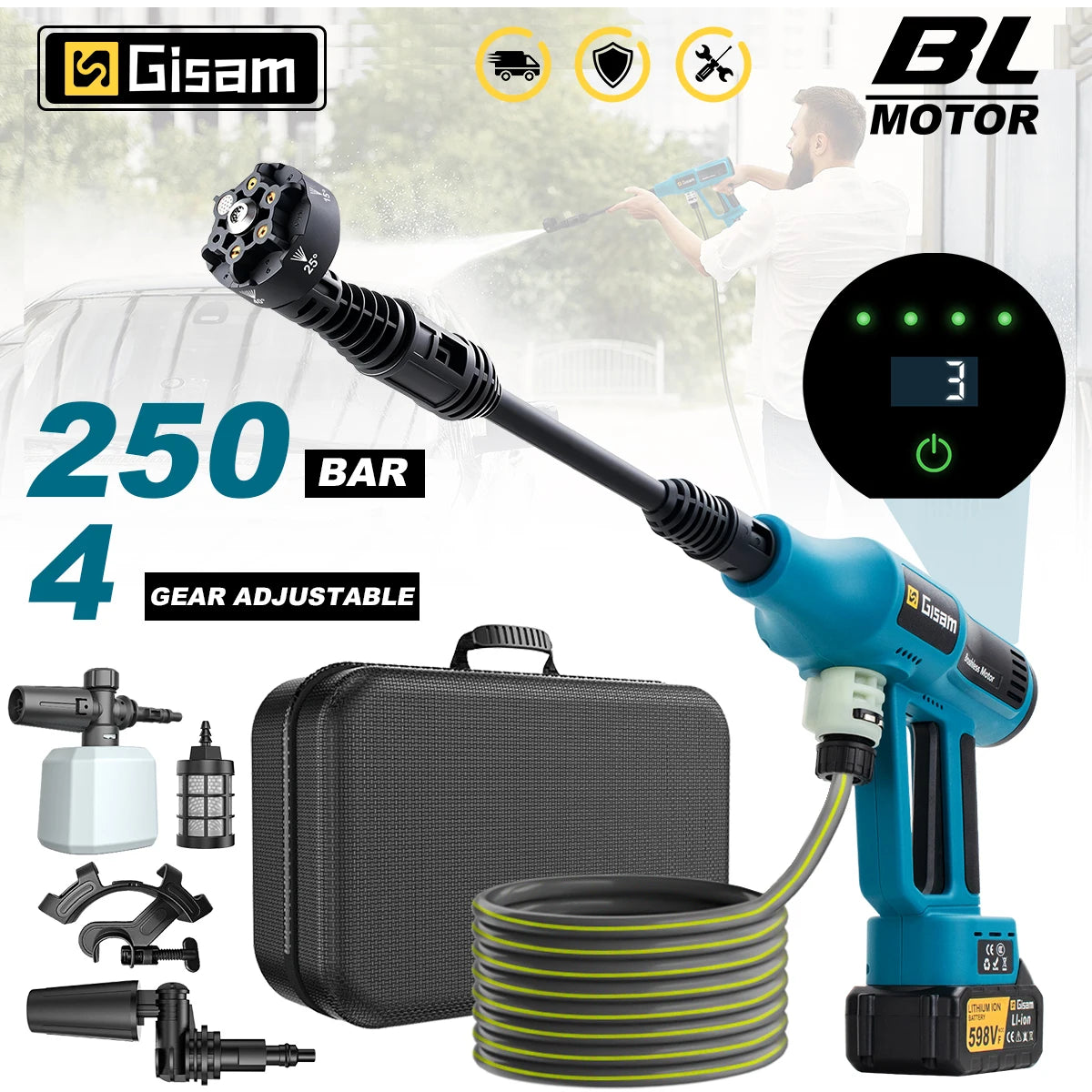 Gisam 250Bar Brushless High Pressure Washer 4 Gears Cordless Household Car Garden Cleaning Power Tool For Makita 18V Battery Pin