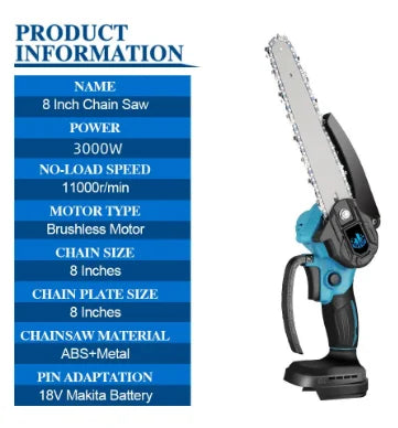 Tronçonneuse électrique sans balais ONEVAN 8 pouces 3000 W, tronçonneuse rechargeable, outil électrique pour le travail du bois pour batterie Makita 18 V