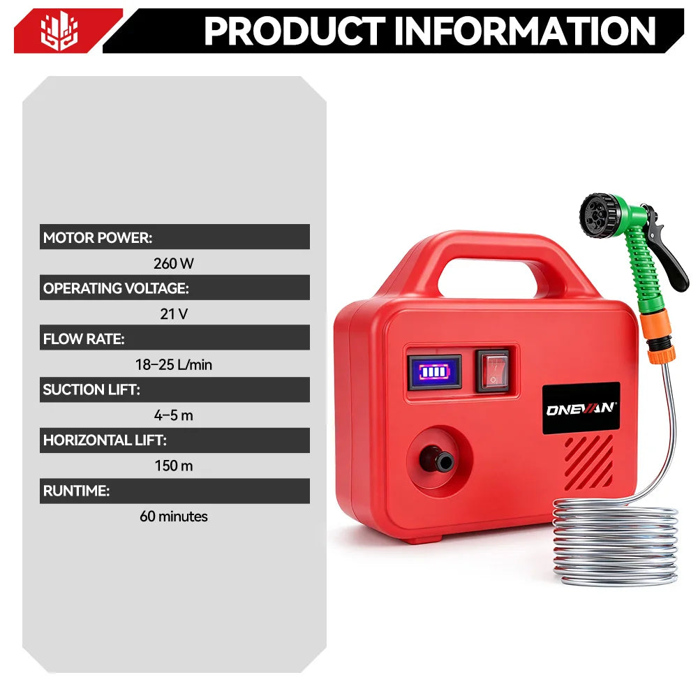 ONEVAN Pompe à eau électrique 260 W, machine d'arrosage sans fil 150 M, outil d'arrosage de jardin rechargeable pour batterie Makita 18 V
