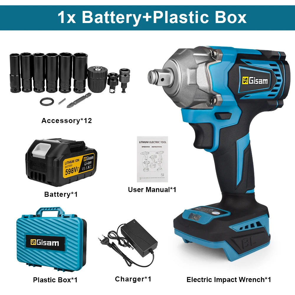 Gisam 1200NM Borstelloze Elektrische Slagmoersleutel Oplaadbaar 1/2" Autobanden Snoerloos Elektrisch Gereedschap voor Makita 18V Accu Pin