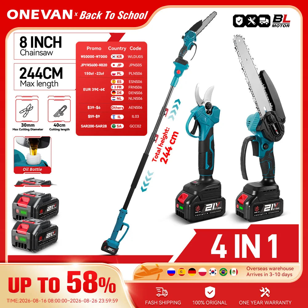ONEVAN Brushless Telescoping Pole Electric Chainsaw 8inch 6inch 30mm Pruning Shears 4IN1 Garden Tool For Makita 18V Battery Pin