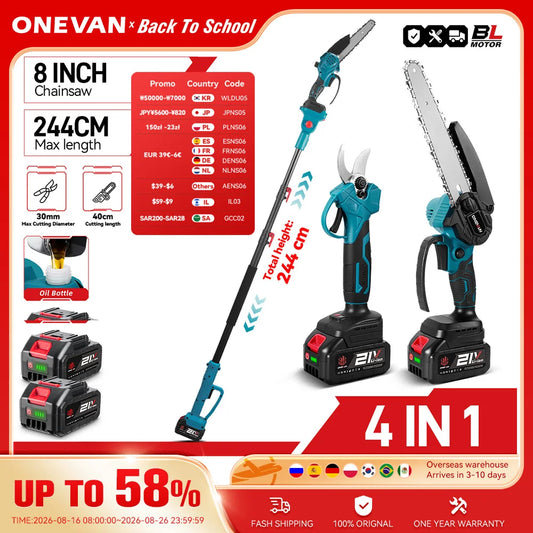 ONEVAN Brushless Telescoping Pole Electric Chainsaw 8inch 6inch 30mm Pruning Shears 4IN1 Garden Tool For Makita 18V Battery Pin