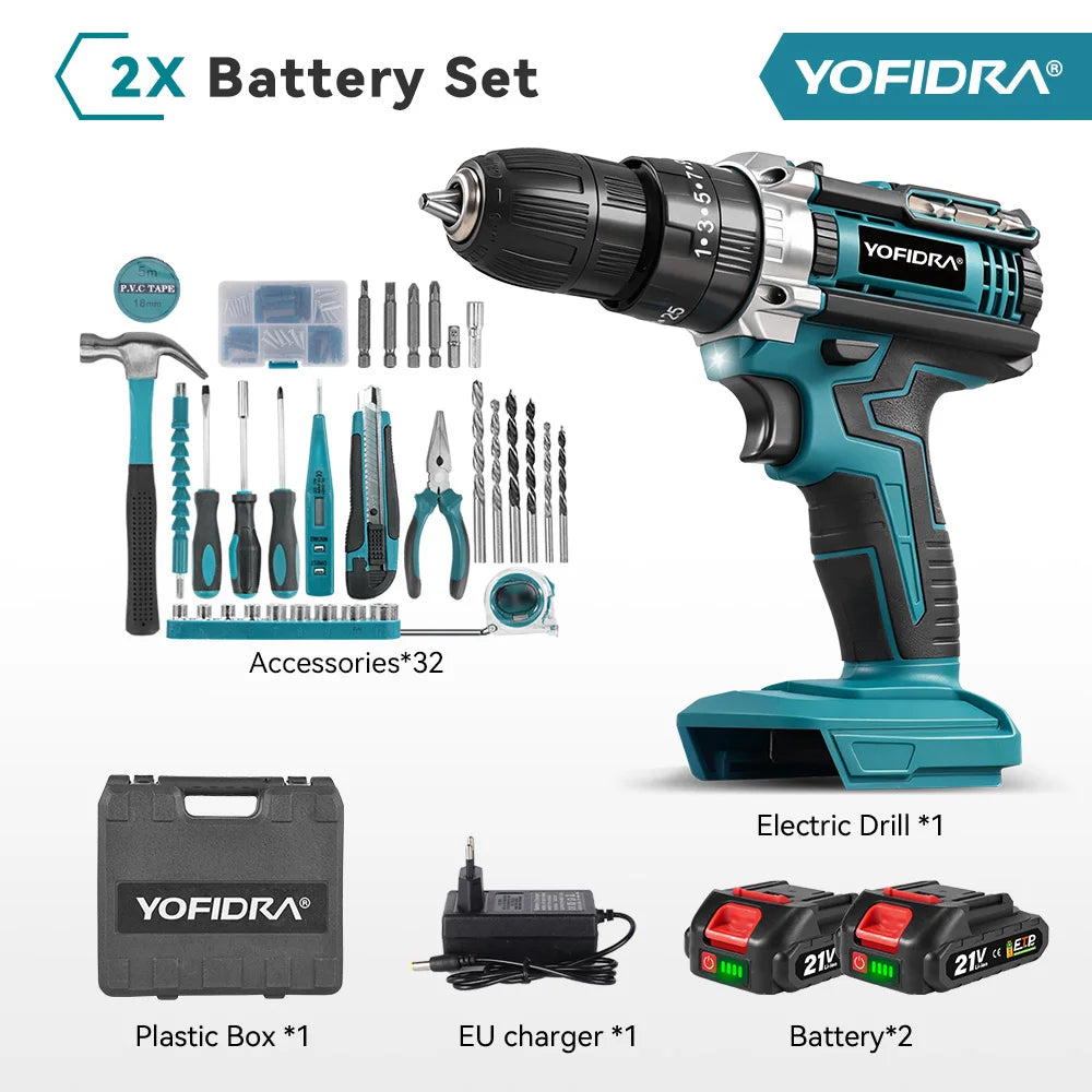 YOFIDRA 25+3 Torque Electric Impact Drill Cordless Multifunction Drill Screwdriver Home DIYPower Tool for Makita 21V Battery Pin