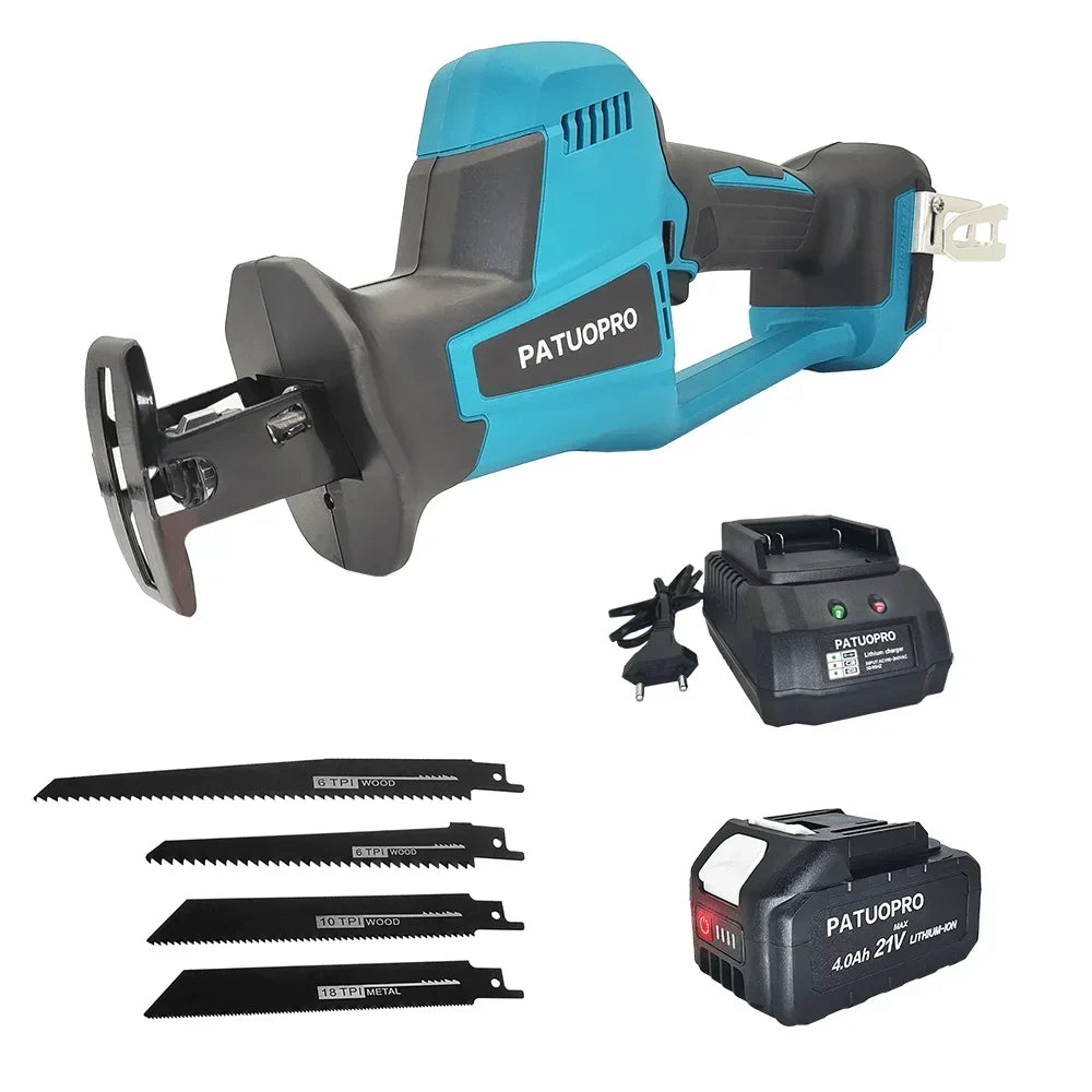 255 mm borstelloze elektrische reciprozaag met 4 zaagbladen, snoerloos, instelbare snelheid, voor PVC-buizen en hout, geschikt voor Makita 18V-accu