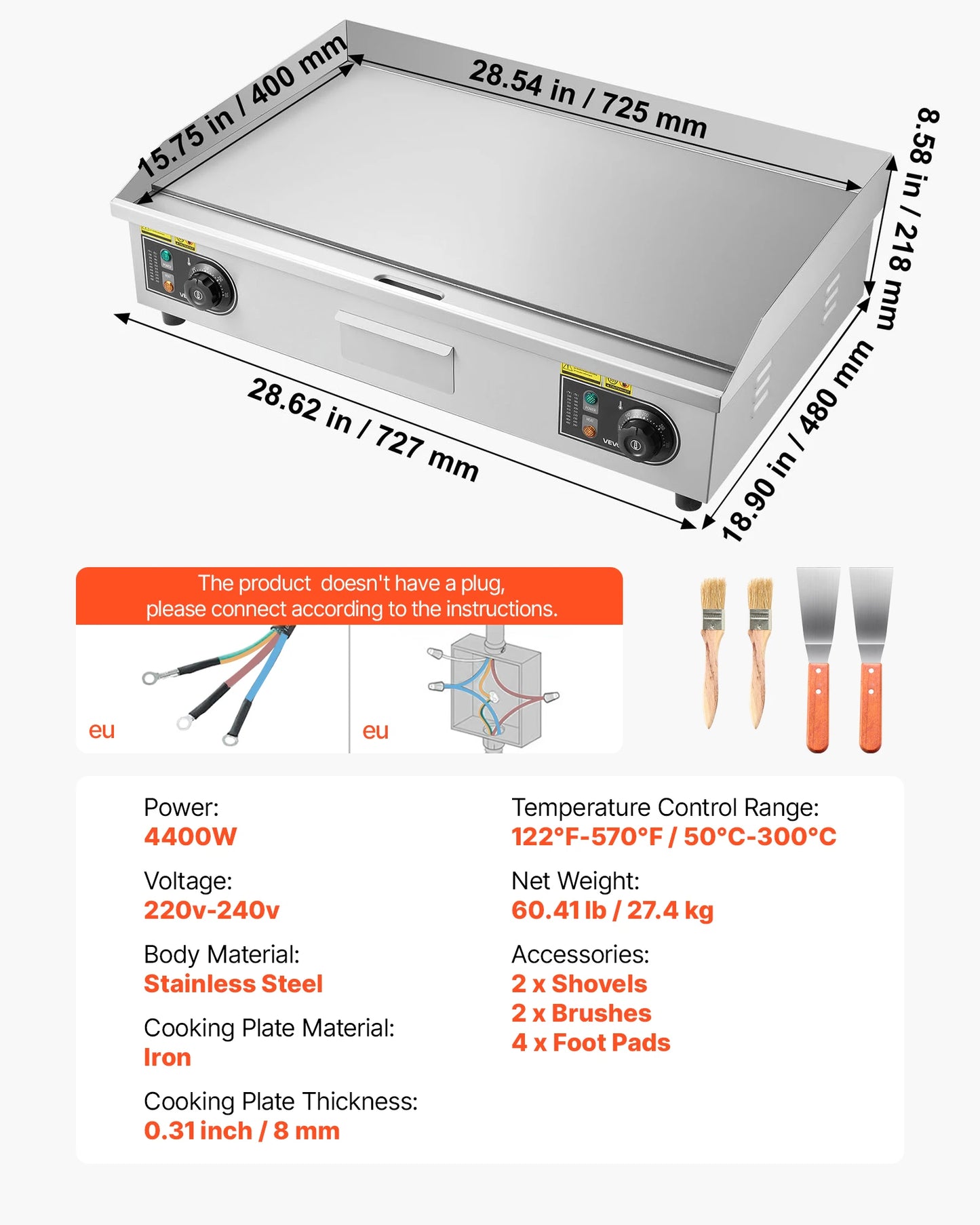 SucceBuy Commercial Electric Griddle 50-300°C Adjustable Temp Control, Stainless Steel Countertop Flat Top Grill for Steak Panc