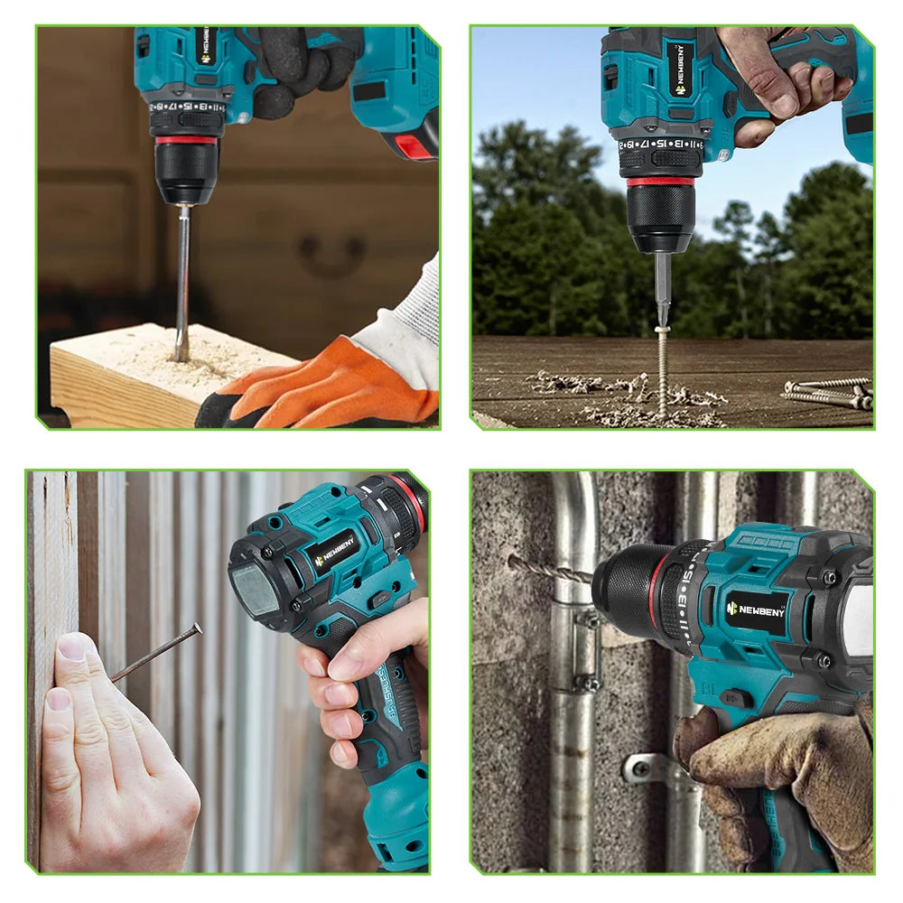 NEWBENY 21+2 Koppel Borstelloze Elektrische Boormachine 10MM Snoerloze Schroevendraaier Doe-het-zelf Gereedschapssets voor Makita 21V Accu