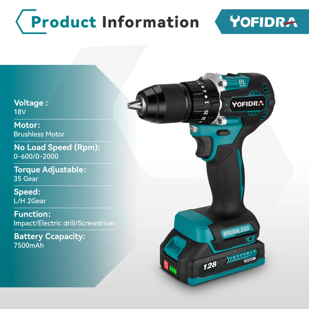 YOFIDRA 35+3 Torque Brushless Electric Impact Drill 13MM Multifunction Electric Screwdriver Power Tools Makita 18V Battery Pin