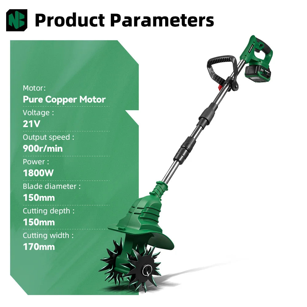 NEWBENY 1800W 4 Blade Electric Garden Rotary Tiller Cultivator Cordless Lawn Mower Portable Grass Trimmer Soil Turning Tools for Makita Battery Pin