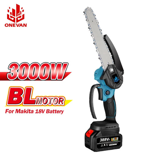 ONEVAN 8Inch Brushless Electric Chain Saw 3000W Rechargeable Chain Saw Woodworking Power Tool For Makite 18V Battery
