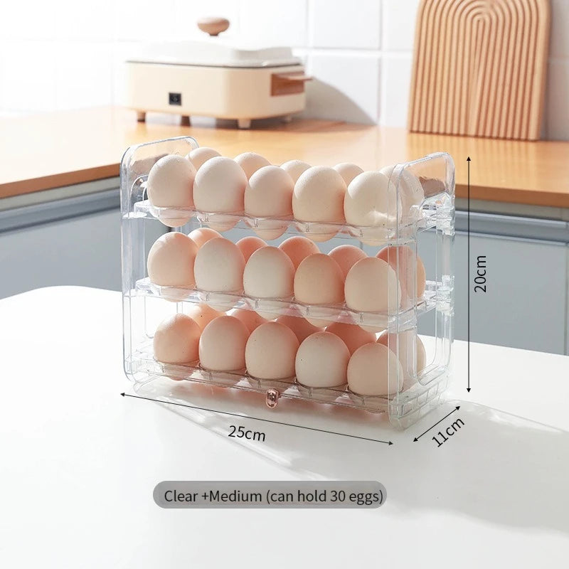 Layers Large Capacity Egg Holder for Refrigerator,Flip Design 30 Eggs Organizer，Foldable Storage Fridge Side Door Egg Organizer
