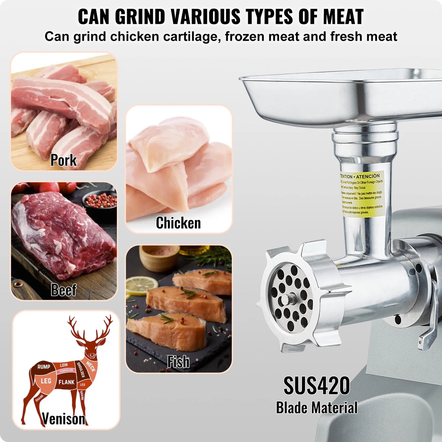 SucceBuy 5 Lb/Min Capacity Electric Meat Grinder Meat Mincer with Blade, Grinding Plate, Sausage Stuffing Blade and 3 Tubes