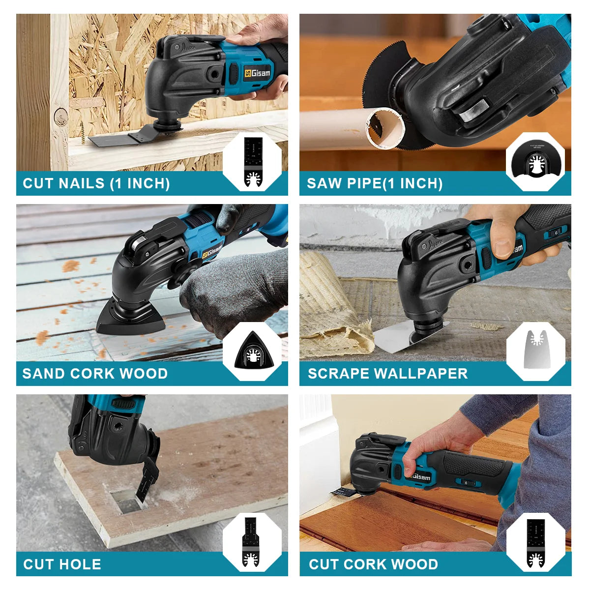 Outil multifonction oscillant sans fil Gisam 20 000 OPM avec dégagement rapide, outil électrique de coupe anti-vibration pour batterie Makita 18 V