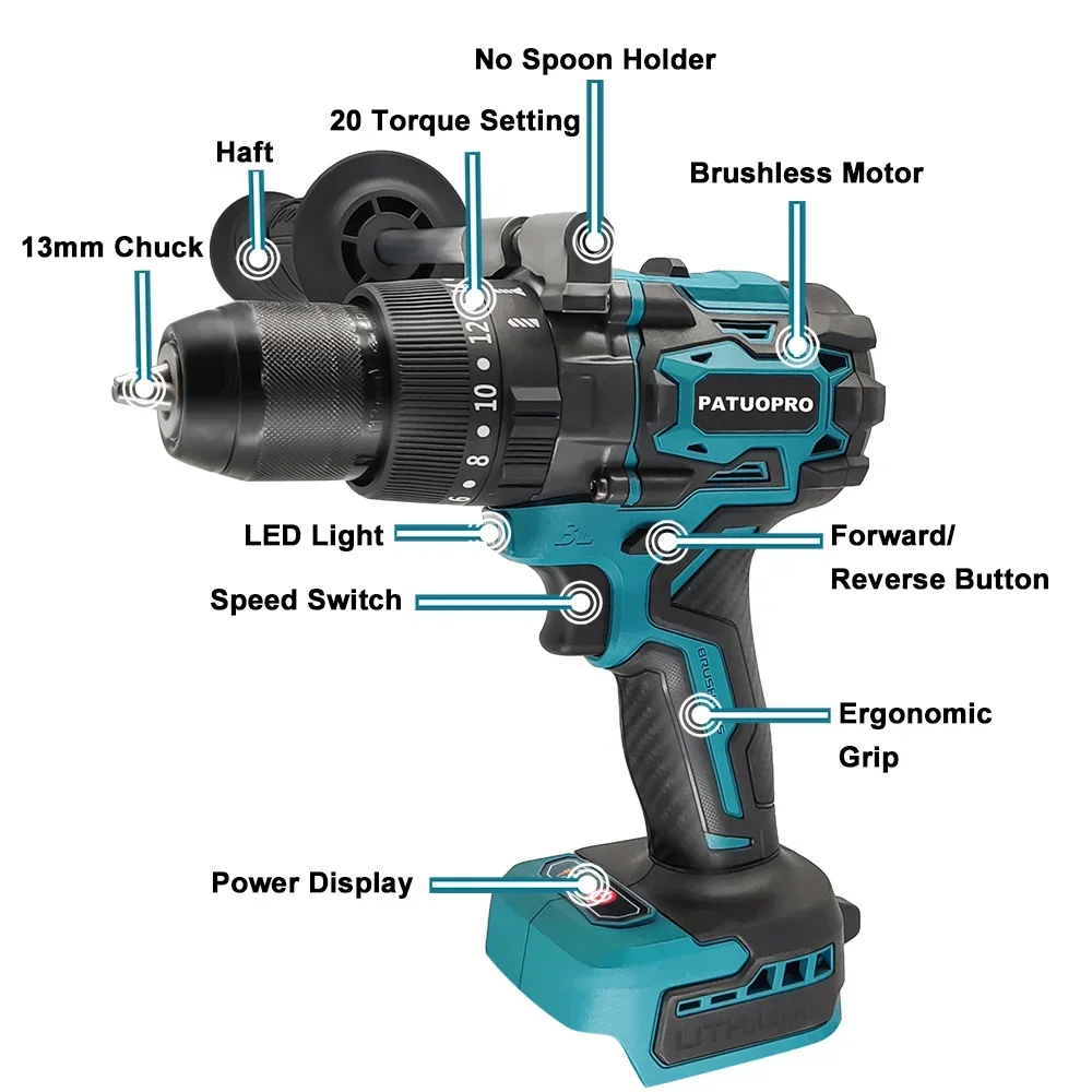 Perceuse à percussion électrique sans balais 220 N.m, perceuse à main sans fil 13 mm, outil de forage à percussion 3 fonctions pour batterie Makita 18V