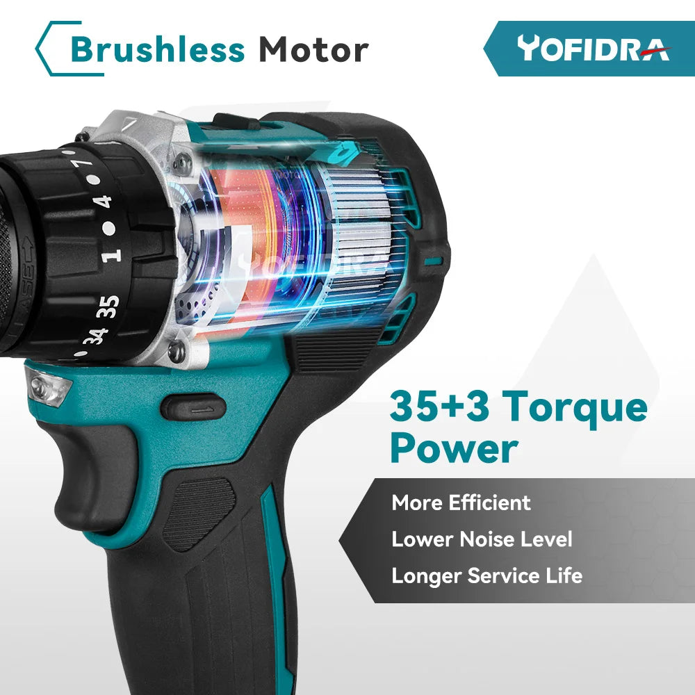 YOFIDRA 35+3 Torque Brushless Electric Impact Drill 13MM Multifunction Electric Screwdriver Power Tools Makita 18V Battery Pin