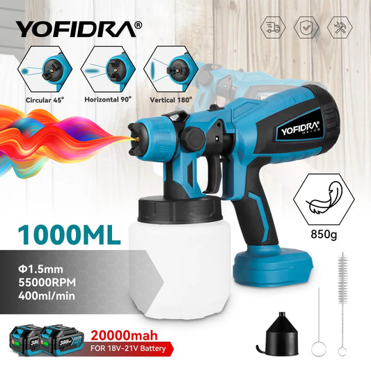 YOFIDRA 1000ML Electric Spray Gun Cordless Paint Sprayer Auto Steel Coating Airbrush DIY Power Tools  For Makita Battery Pin