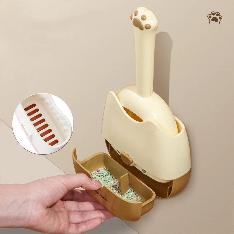 2 in 1 Cat Litter Scoop with Base Wall-mounted Cat Cleaning Shovel Durable Mesh Kitten Litter Cleaner Pet Cleaning Tools