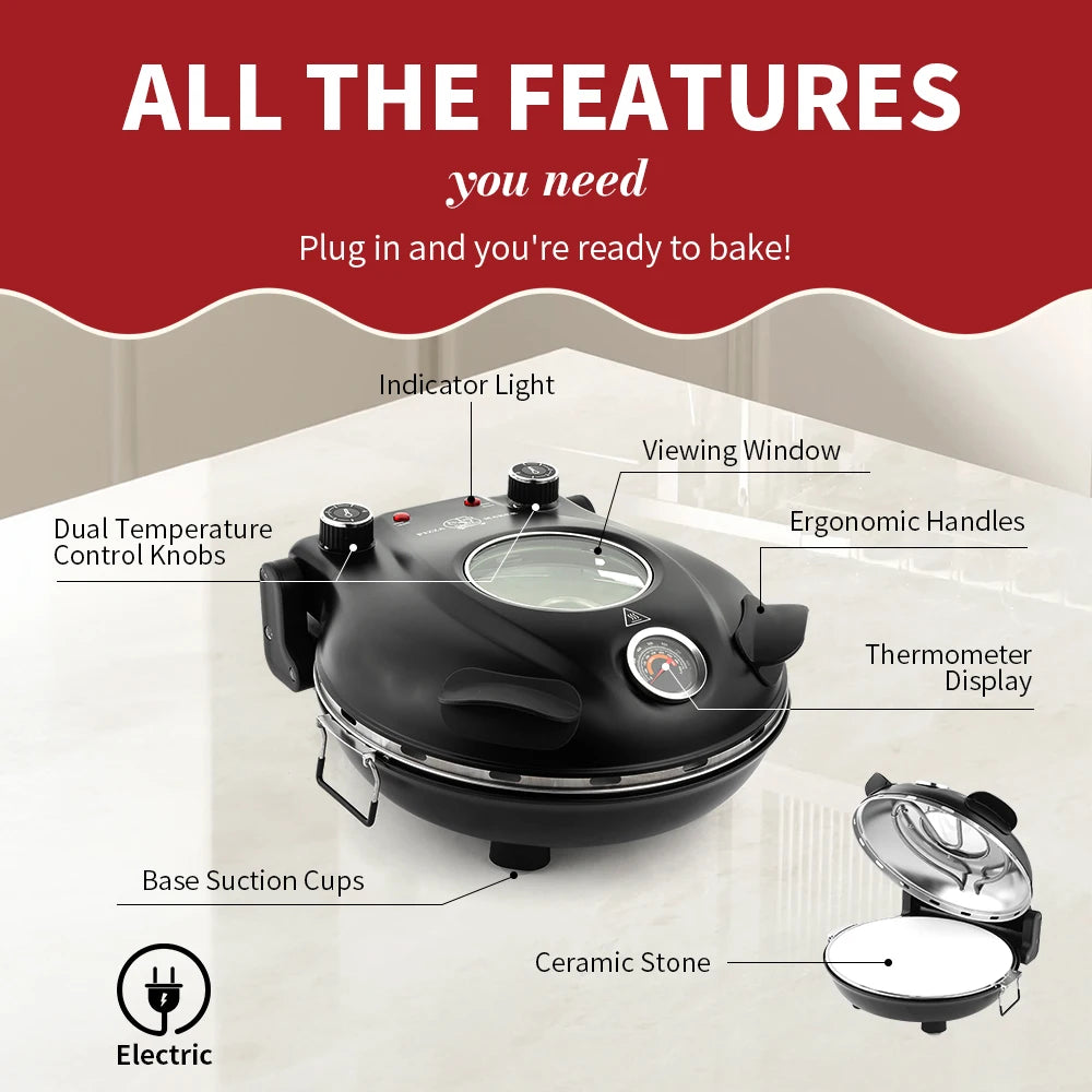 Klaif Electric Pizza Maker, 420℃, 1200 Watt, 5 Separate Temperature Levels, Flame Resistant Stone Plate 1200W 32cm