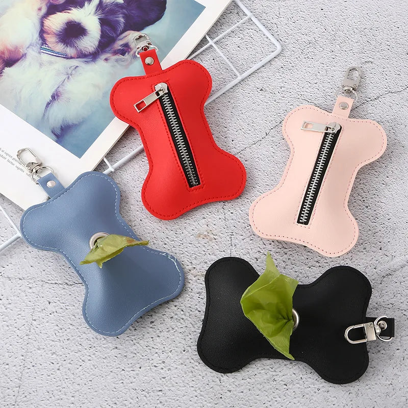 PU Portable Dog Poop Bag Holder Bone-shaped Pet Waste Bag Dispenser for Dogs Pet Trash Bags Dispenser with 1 Roll Poop Bag