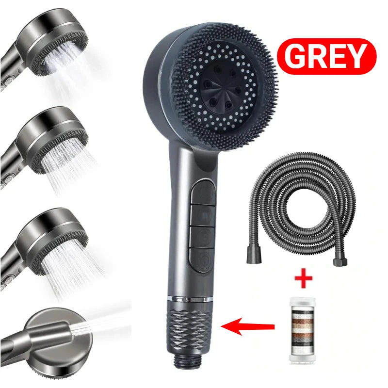 High Pressure Shower Head 4 Modes Handheld Body Brush Chlorine Removal Filter Large Flow Water Saving Showerhead for Bathroom