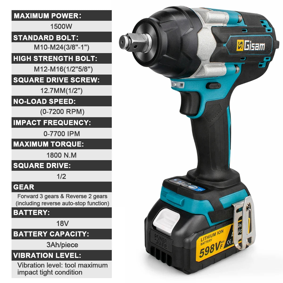 Gisam 1800N.M Brushless Electric Impact Wrench 1/2 Inch Cordless Wrench Screwdriver Power Tool For Makita 18V Battery Pin