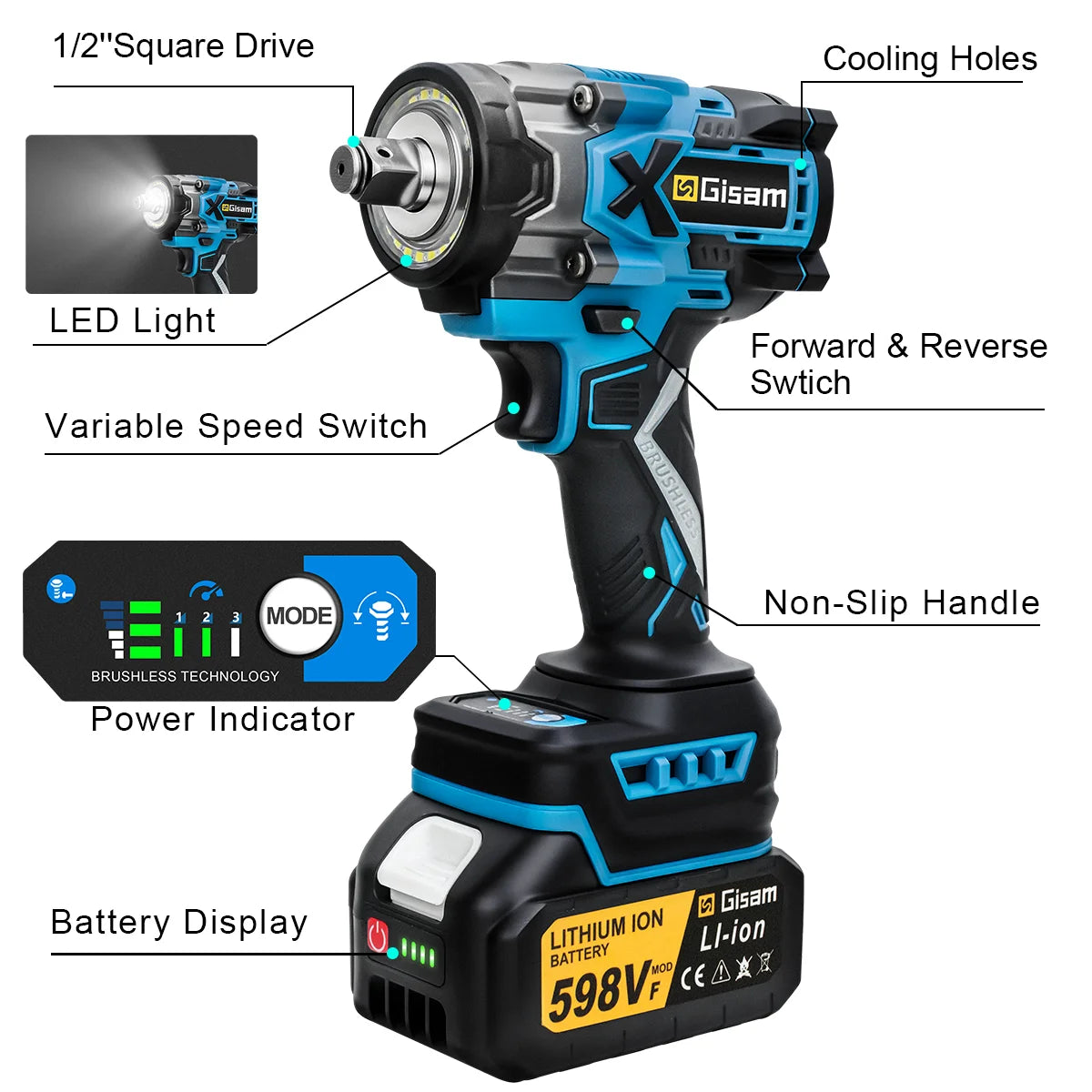 Gisam 900N.M Borstelloze Elektrische Slagmoersleutel 1/2" Accu High-Torque Moersleutel Boormachine Schroevendraaier Gereedschap voor Makita Accu Pin