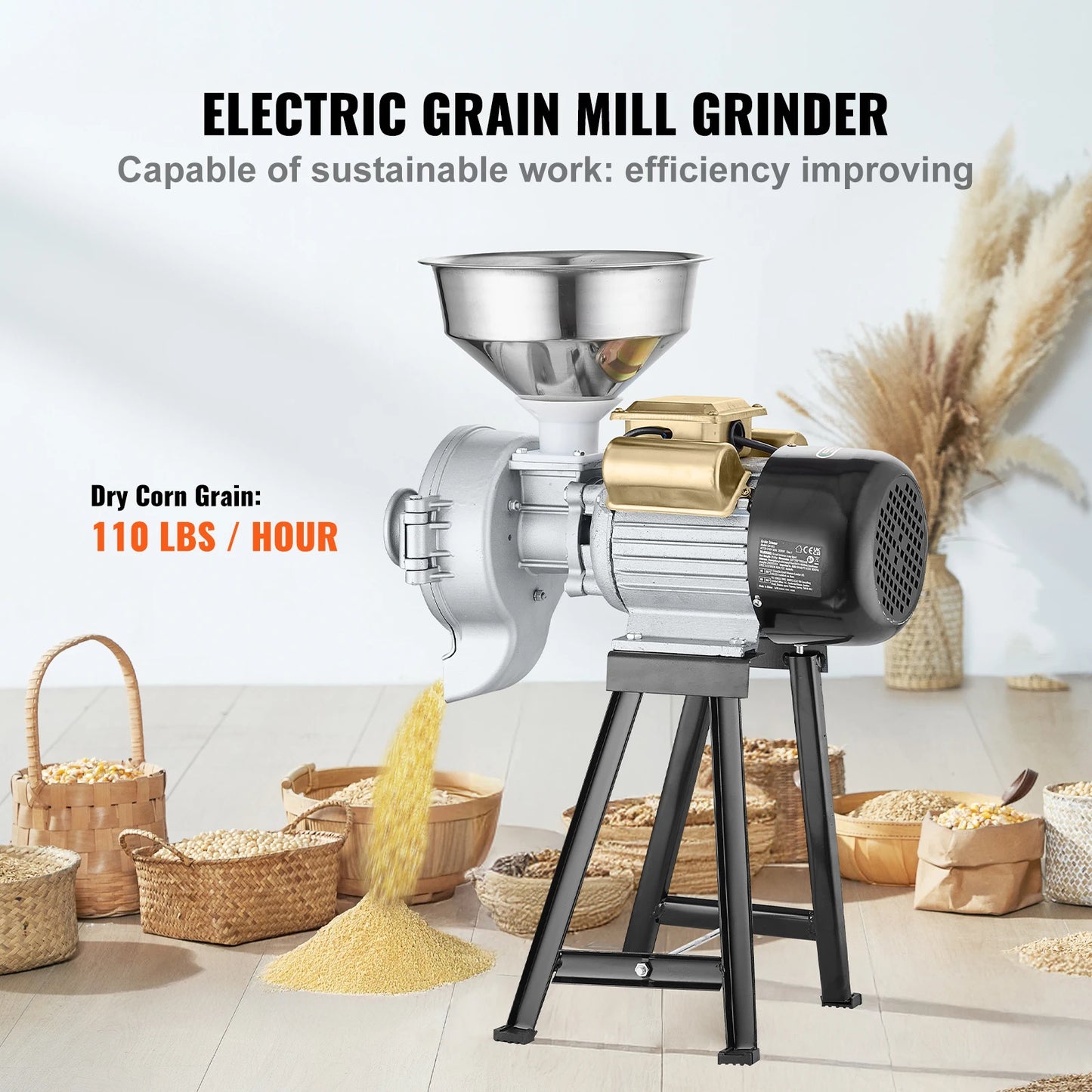 SucceBuy Electric Grain Mill Grinder 3000W Spice Grinders Commercial Corn Mill with Funnel Cereal Wheat Grinders Dry&Wet Grinder