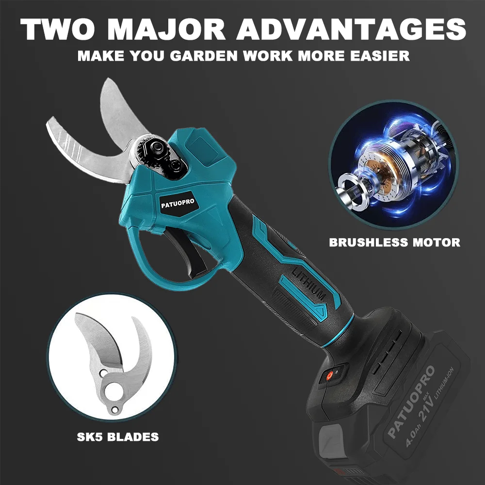 PATUOPRO 30MM Cordless Electric Scissors Brushless Pruner Shear Fruit Tree Bonsai Pruning Power Tool For Makita 18V Battery