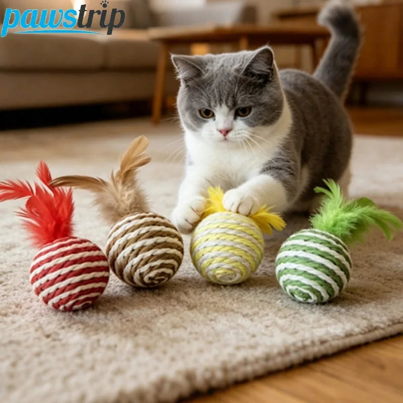 3/5/10 PCs Cat Feather Toys Interactive Cat Sisal Balls Funny Kitten Tease Toy Random Color Pet Cat Boredom Relief Toys