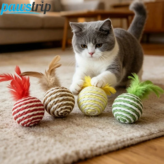 3/5/10 PCs Cat Feather Toys Interactive Cat Sisal Balls Funny Kitten Tease Toy Random Color Pet Cat Boredom Relief Toys
