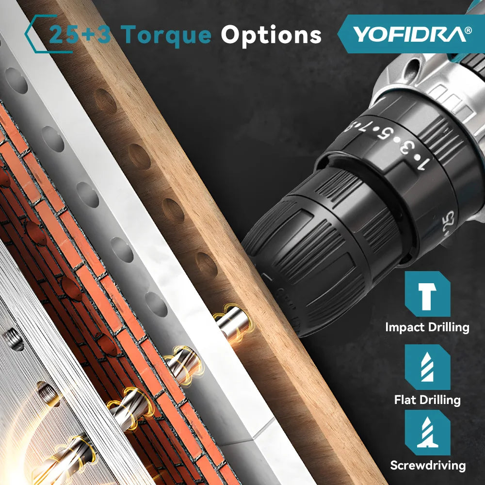 YOFIDRA 25+3 Torque Electric Impact Drill Cordless Multifunction Drill Screwdriver Home DIYPower Tool for Makita 21V Battery Pin