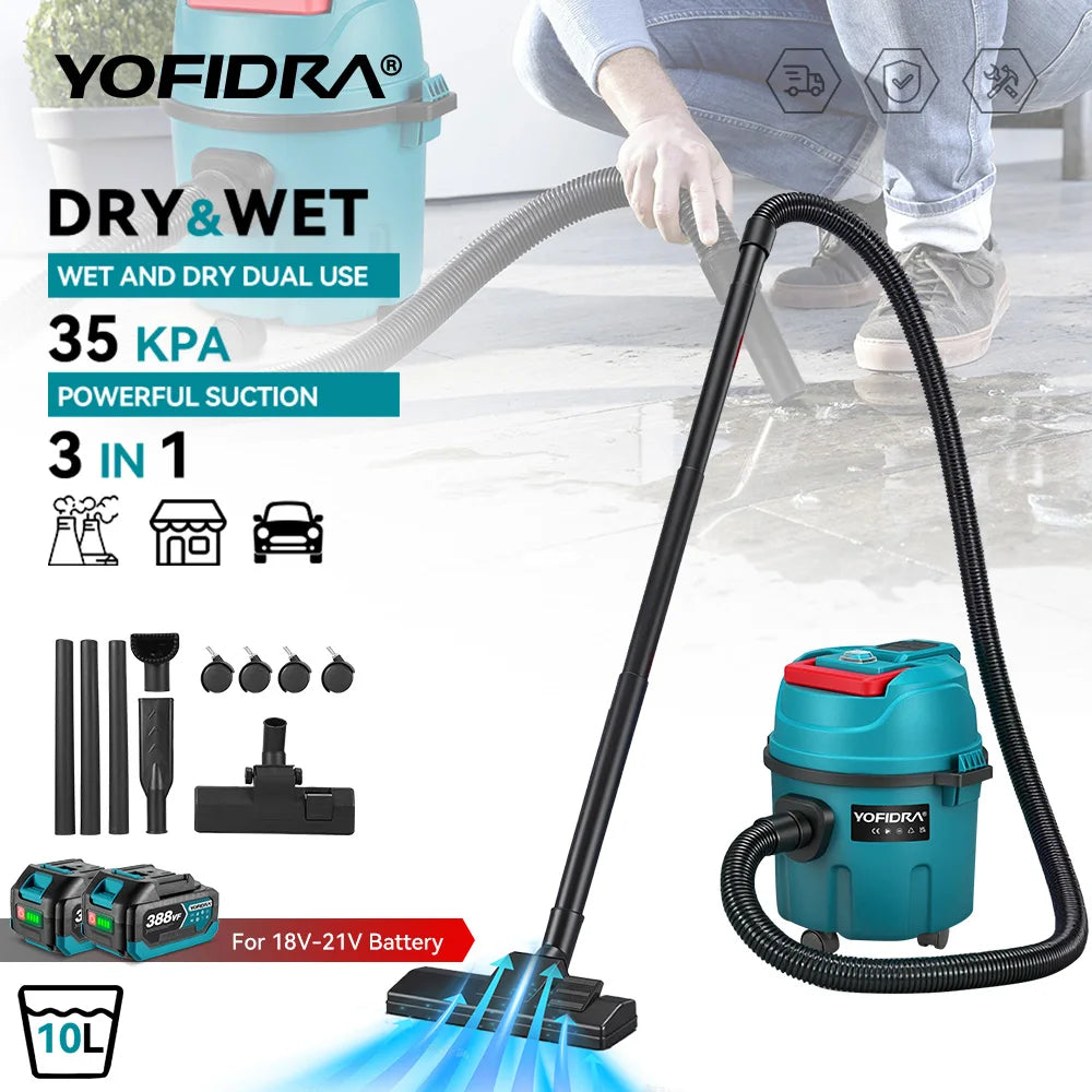 YOFIDRA 3IN1 35kPa Electric Wet & Dry Vacuum Cleaner Wireless Home Car Cleaner With 10L Portable  Tank For Makita Battery Pin