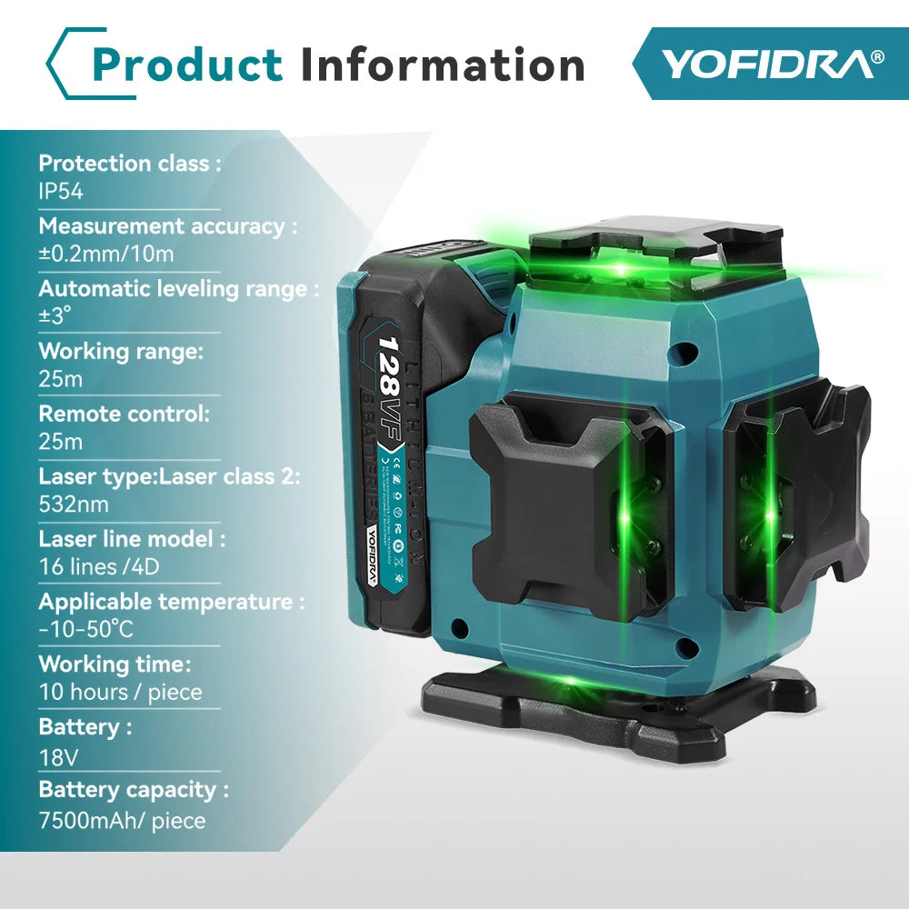 YOFIDRA 16 Lijnen 4D Laserwaterpas Zelfnivellerend 360° Horizontaal Verticaal Nivelleergereedschap met 1M Statief voor Makita 18V Accu Pin