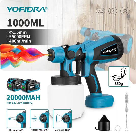YOFIDRA 1000ML Cordless Electric Spray Gun 55000RPM Handheld Paint Sprayer Auto Coating Airbrush Tool for Makita 18V Battery Pin