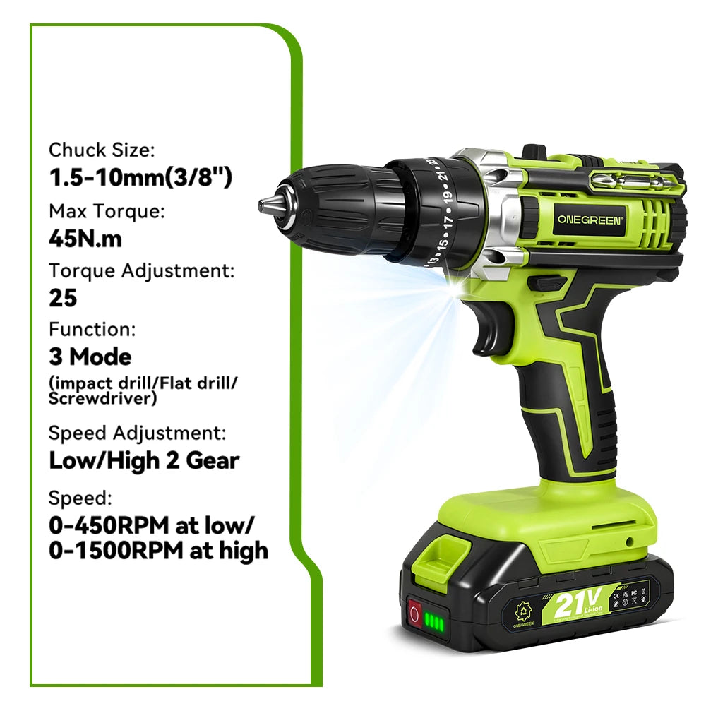 ONEVAN 25+3 Torque Electric Impact Drill Cordless Multifunctional Electric Screwdriver Power Tool For Makita 18V Battery Pin
