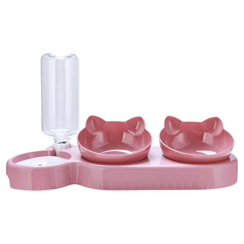 Automatic Cat Feeder Bowl Set with Dual 15° Tilted Bowls Gravity Water Dispenser Stable Base for Cats Small Dogs