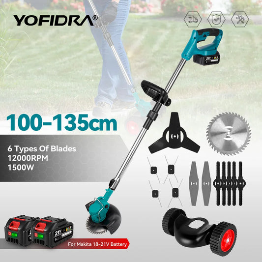 YOFIDRA 100-135cm Electric Lawn Mower 1500W Cordless Foldable Trimmer Pruning Cutting Garden Power Tool For Makita Battery Pin