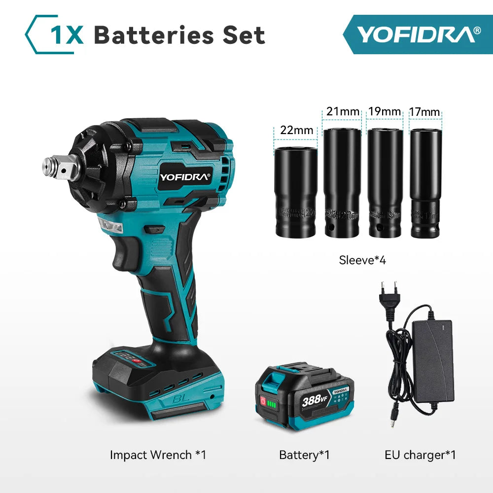 YOFIDRA Boulonneuse à chocs électrique sans fil 1/2" 1000 N.m, clé à chocs portative pour vissage automobile, ensemble avec douilles, compatible batterie Makita avec goupille