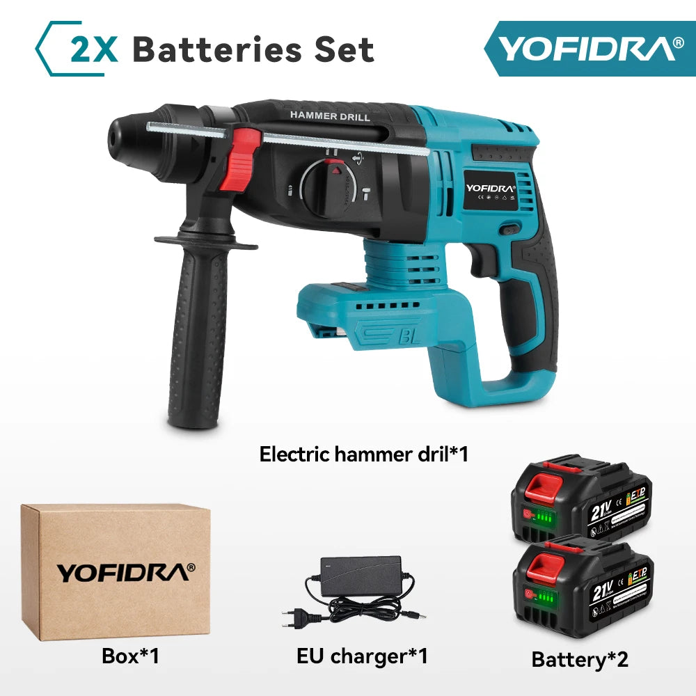 YOFIDRA 26mm Borstelloze Elektrische Boorhamer Snoerloze Multifunctionele Klopboormachine Elektrisch Gereedschap voor Makita 18-21V Accu