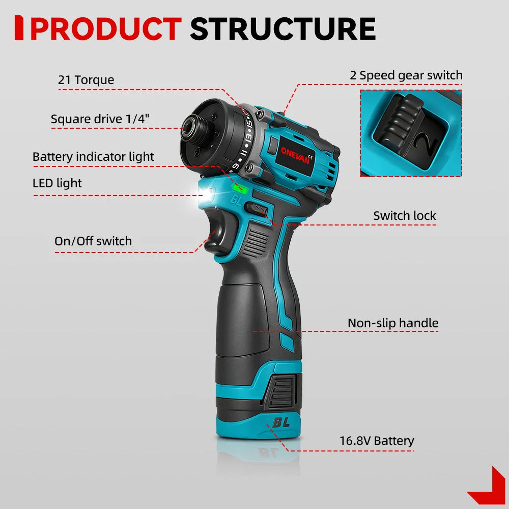 ONEVAN 3 IN 1 Brushless Electric Drill Screwdriver 80NM 1600 RPM Brushless impact screwdriver For Lithium Battery