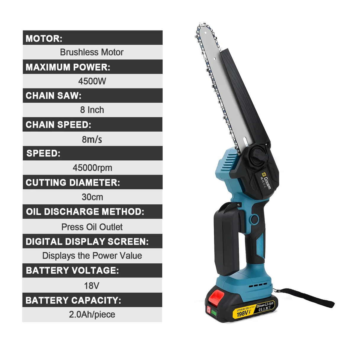 Tronçonneuse d'élagage électrique sans balais Gisam de 8 pouces, outil de scie électrique pour le travail du bois rechargeable, compatible avec les batteries Makita 18 V