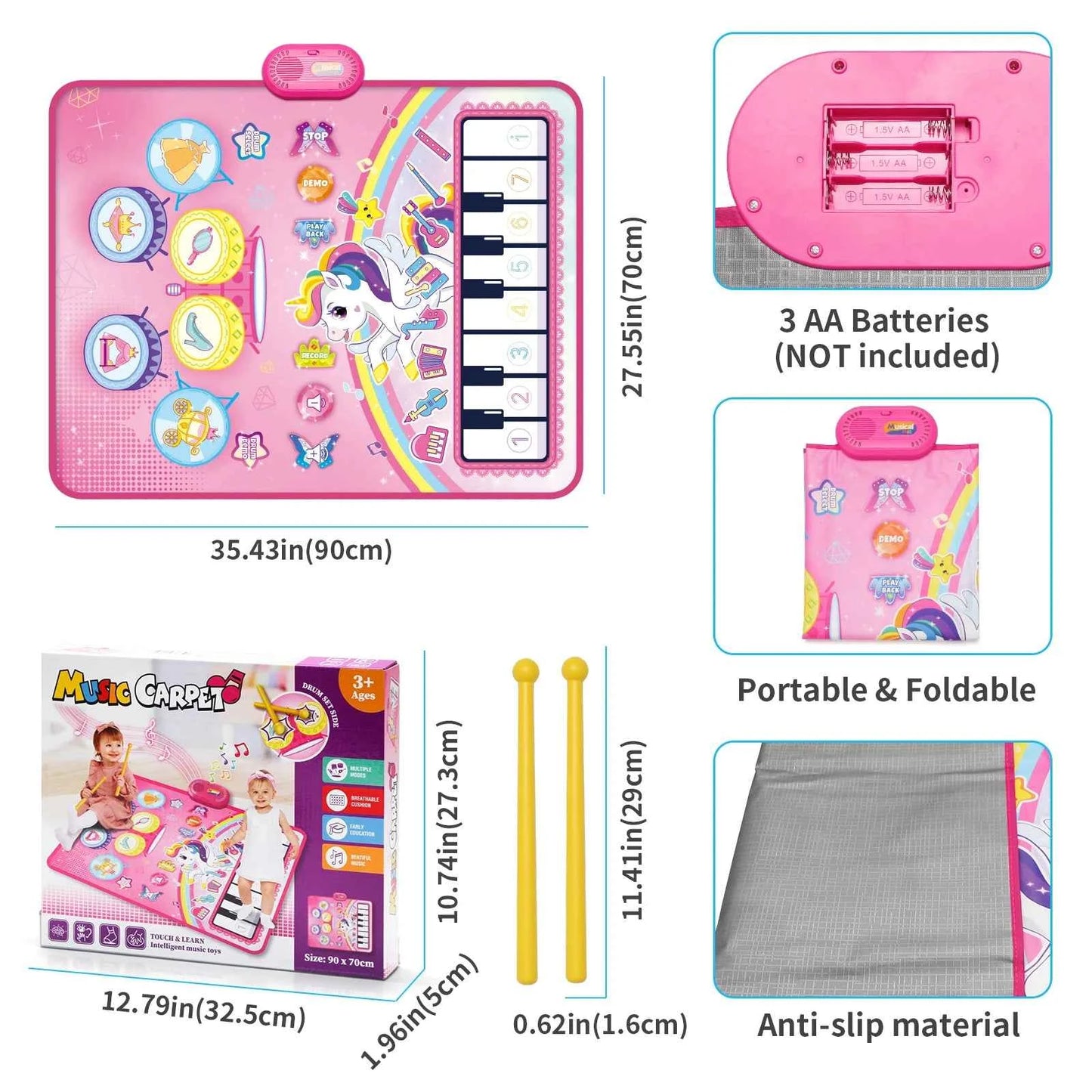90x70cm Unicorn Music Mat - 2 in 1 Piano Keyboard and Drum Dance Mat for Kids, Educational Toys with 8 Instruments Sounds