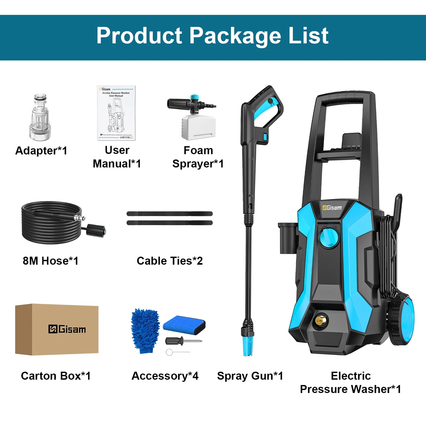 Gisam 200Bar Electric High Pressure Washer 2900 PSI 2200W Car Washer Gun Garden Washing Water Wash Spray Gun with 8m Hose, Soap Bottle, 180° Adjustable Nozzle For Car Garden Clean