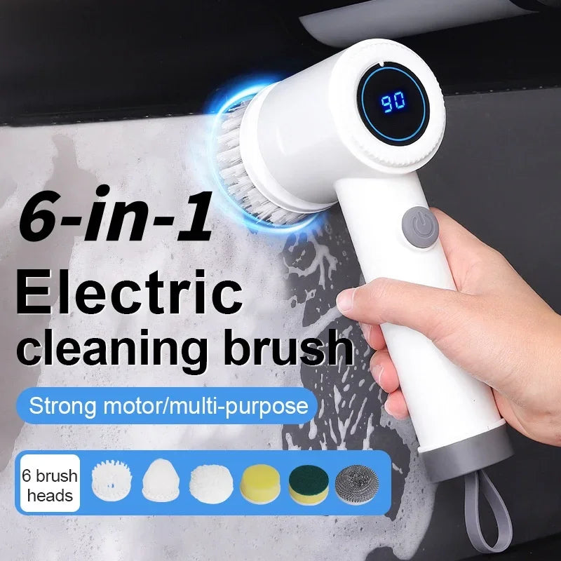 Nieuwe 6-in-1 elektrische draaischrobber, snoerloze reinigingsborstel, USB-C oplaadbare krachtschrobber voor keuken, badkamer, tegelvloer en auto