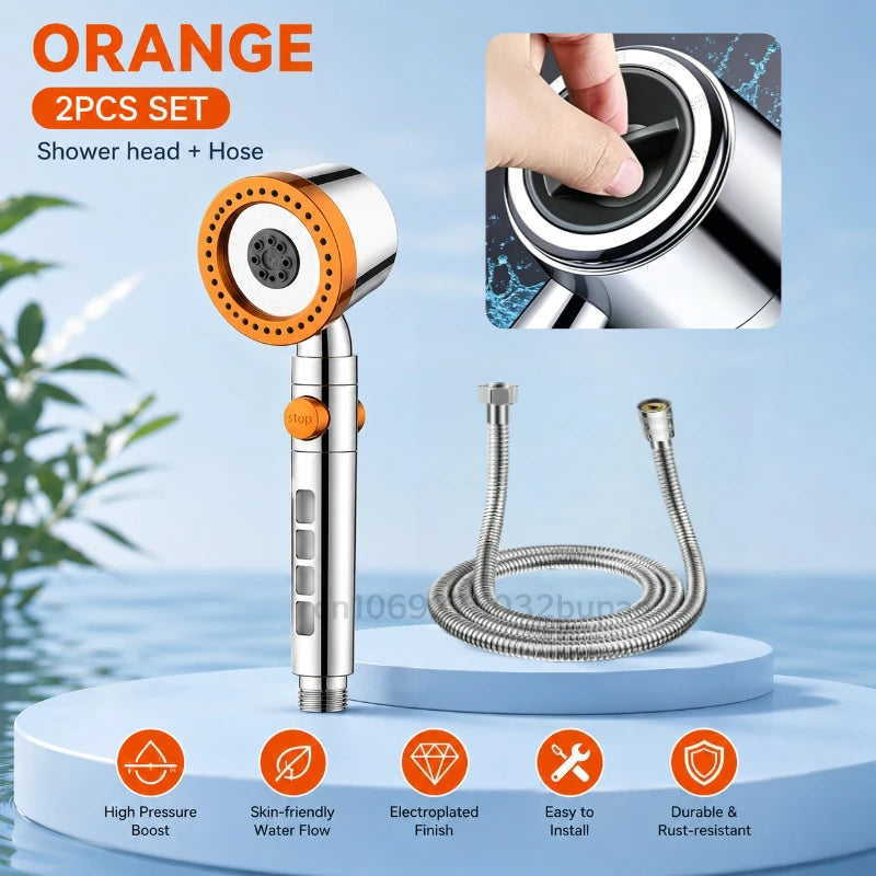 High Pressure Shower Head with Filter 3 Spray Modes Adjustable Large Flow One-Click Stop Water Saving Showerhead for Bathroom