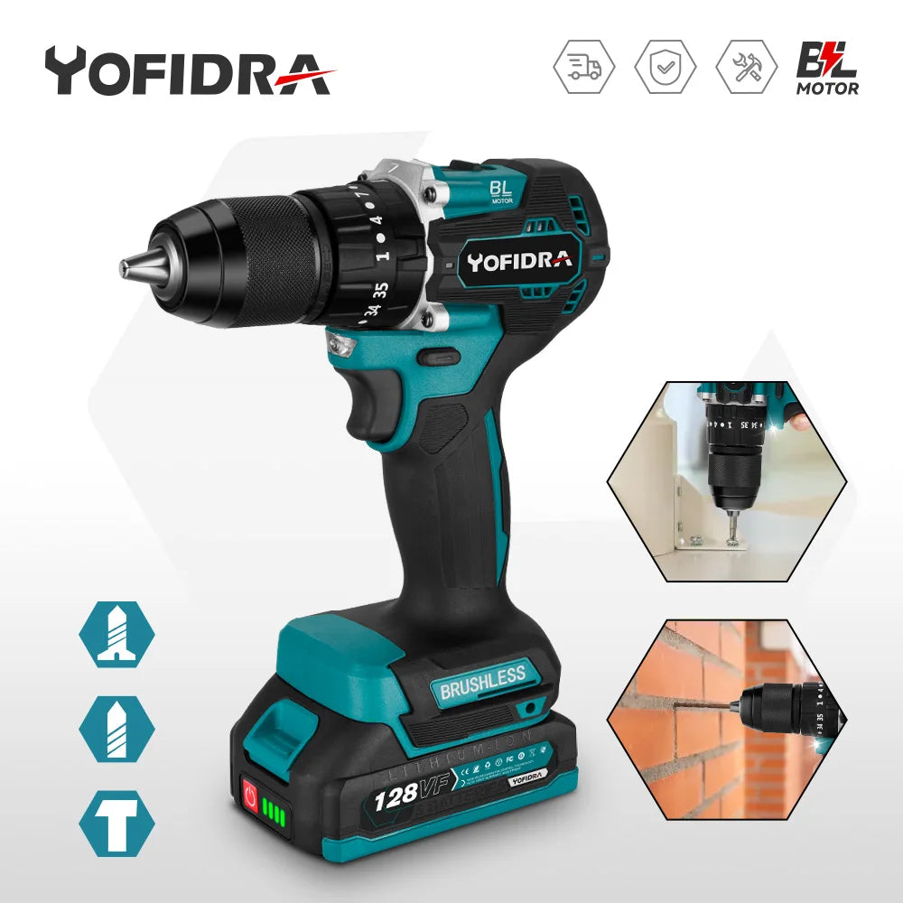 YOFIDRA 35+3 Koppel 13MM Borstelloze Elektrische Schroevendraaier Accu Klopboormachine Set Autoreparatie Elektrisch Gereedschap voor Makita Accu