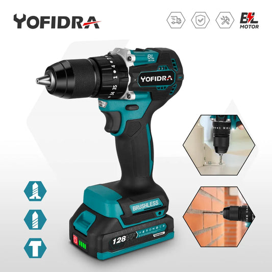YOFIDRA 35+3 Torque 13MM Brushless Electric Screwdriver Cordless Impact Drill Car Repair Power Tools Set For Makita Battery Pin