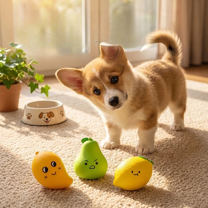 Pet Latex Toy Lemon, Mango, Pear - Dog Chew Toy, Bite-Resistant, Squeaky, for Puppies Small Dogs, Teething Cleaning
